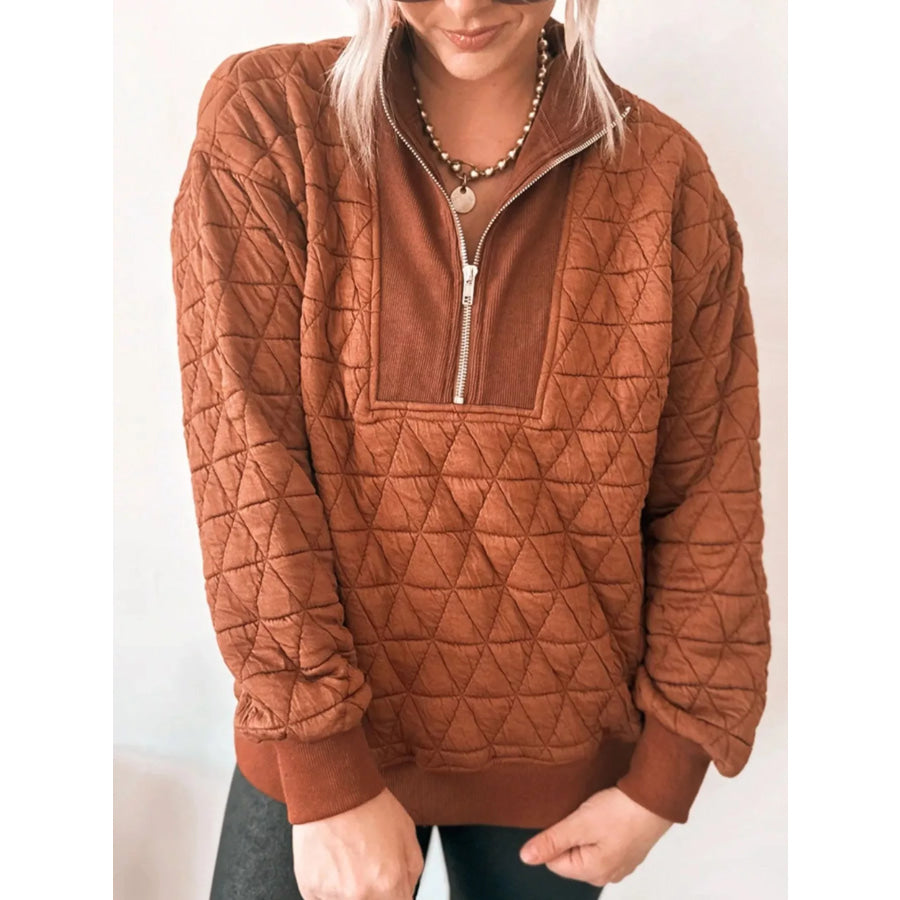Geometric Quilted Half Zipped Loose Sweatshirt Caramel / S Apparel and Accessories