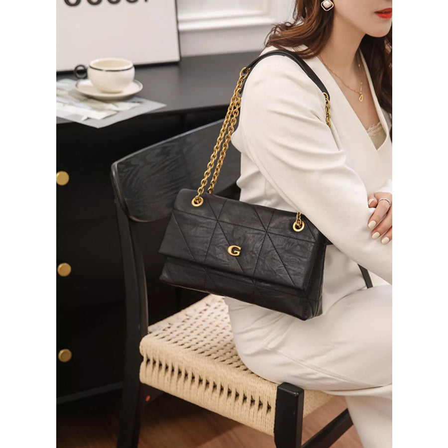 Geometric Quilted Shoulder Bag with Gold Chain Strap Black / onesize Apparel and Accessories