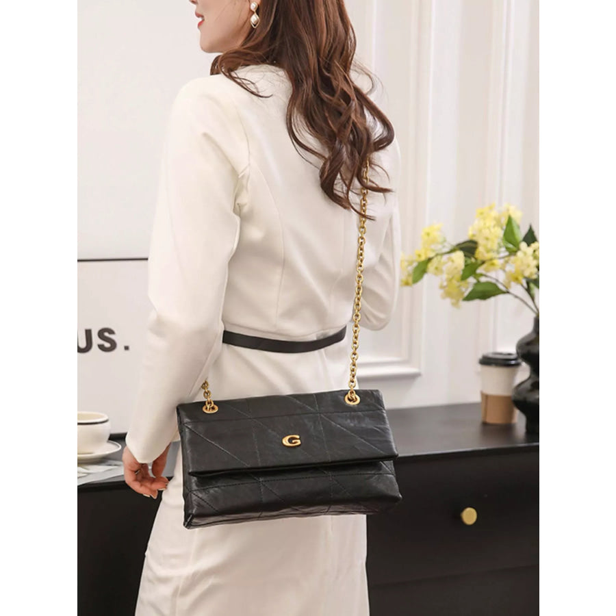 Geometric Quilted Shoulder Bag with Gold Chain Strap Black / onesize Apparel and Accessories