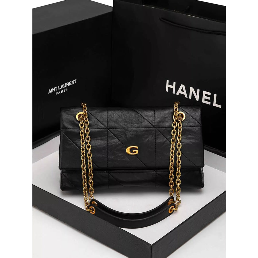 Geometric Quilted Shoulder Bag with Gold Chain Strap Black / onesize Apparel and Accessories