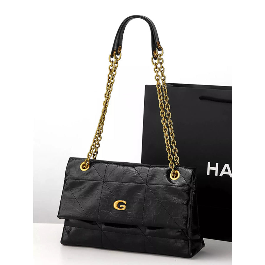 Geometric Quilted Shoulder Bag with Gold Chain Strap Black / onesize Apparel and Accessories