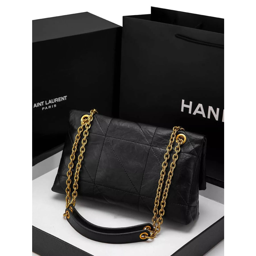 Geometric Quilted Shoulder Bag with Gold Chain Strap Black / onesize Apparel and Accessories