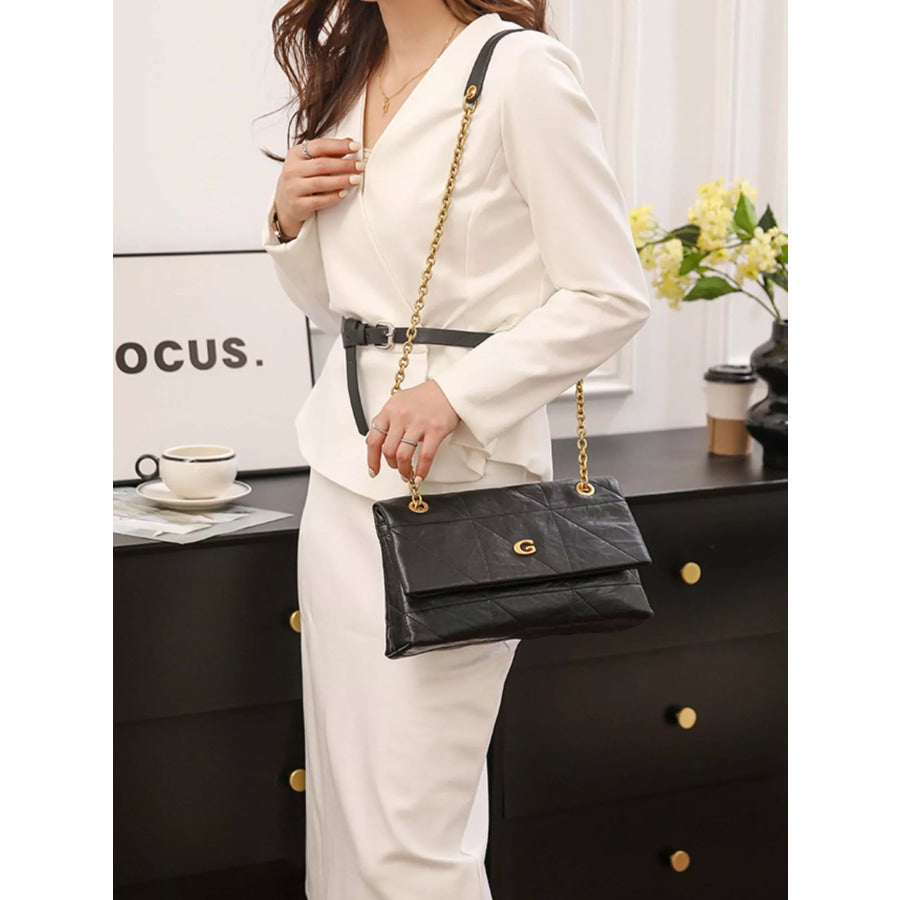 Geometric Quilted Shoulder Bag with Gold Chain Strap Black / onesize Apparel and Accessories