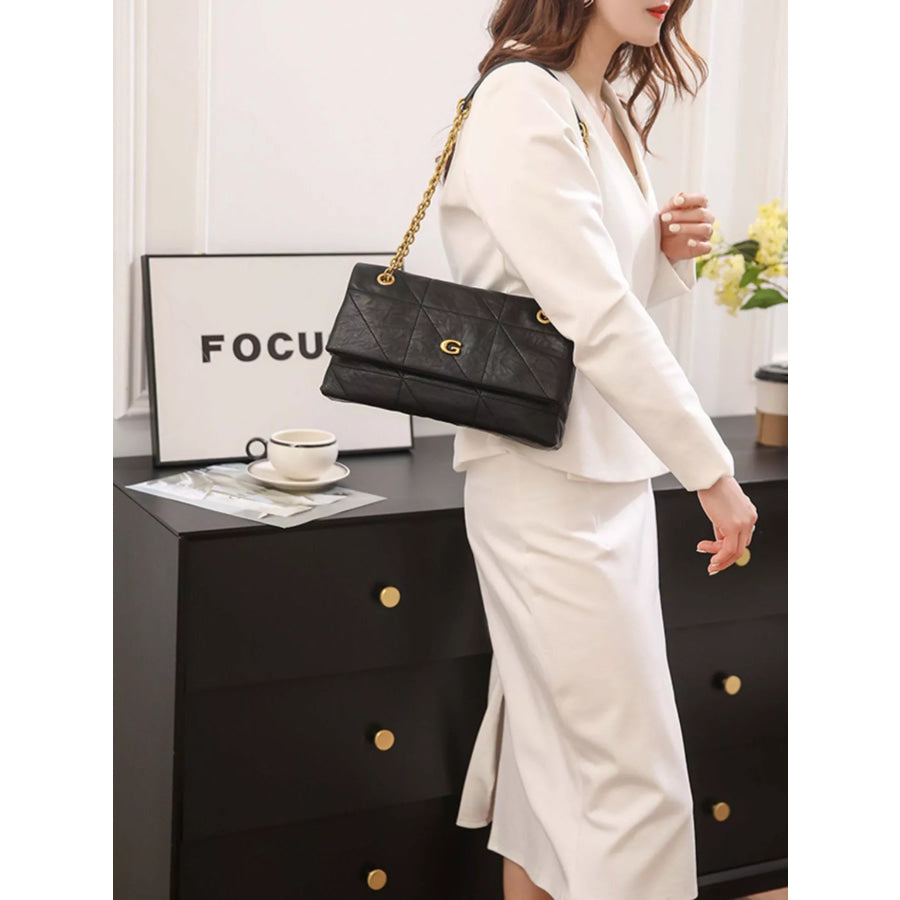 Geometric Quilted Shoulder Bag with Gold Chain Strap Black / onesize Apparel and Accessories