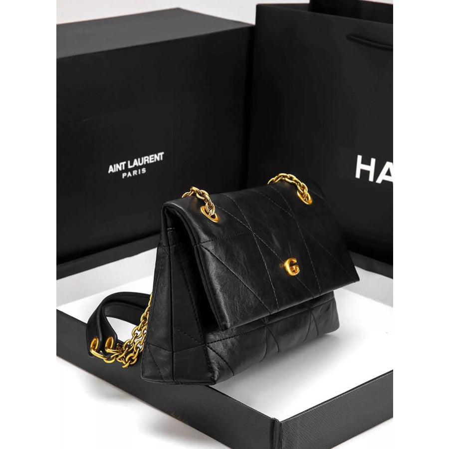 Geometric Quilted Shoulder Bag with Gold Chain Strap Black / onesize Apparel and Accessories
