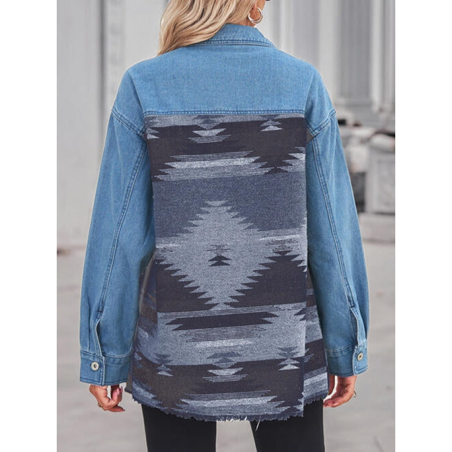 Geometric Raw Hem Button Up Denim Jacket