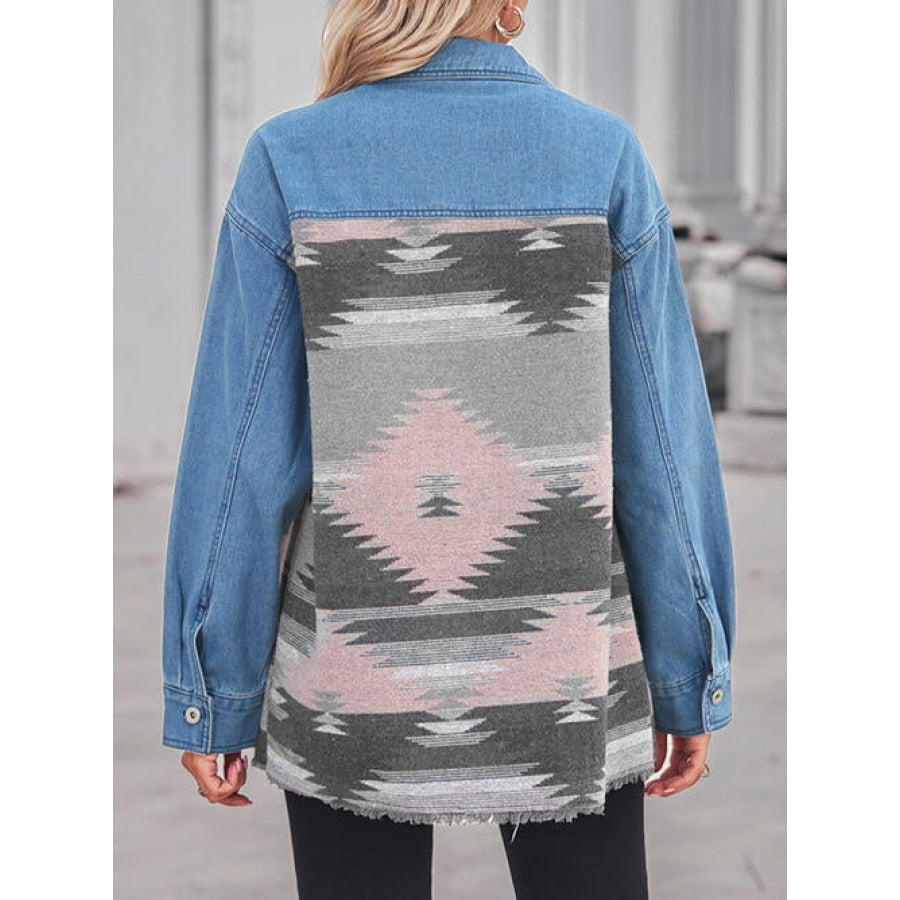 Geometric Raw Hem Button Up Denim Jacket