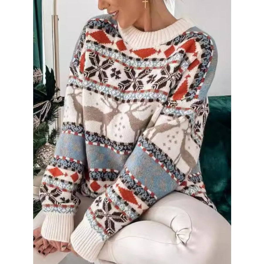 Geometric Round Neck Dropped Shoulder Sweater Apparel and Accessories