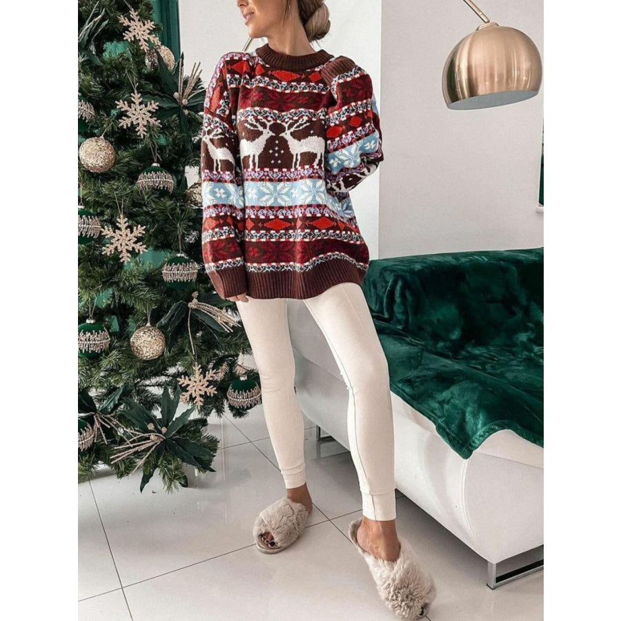 Geometric Round Neck Dropped Shoulder Sweater Apparel and Accessories