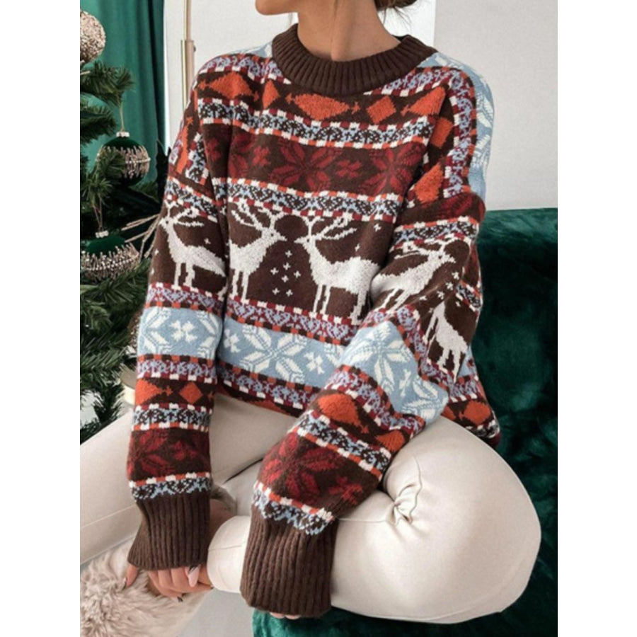 Geometric Round Neck Dropped Shoulder Sweater Brown / S Apparel and Accessories