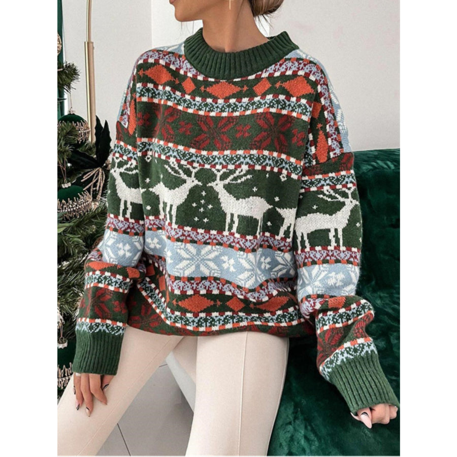 Geometric Round Neck Dropped Shoulder Sweater Green / S Apparel and Accessories