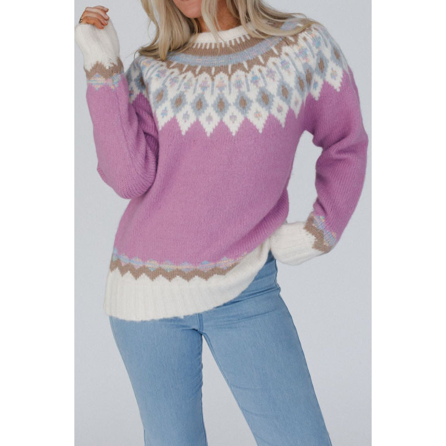 Geometric Round Neck Long Sleeve Sweater Apparel and Accessories