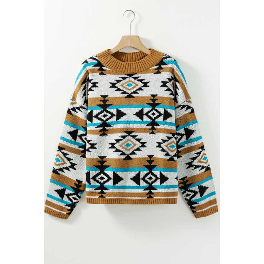Geometric Round Neck Long Sleeve Sweater Apparel and Accessories