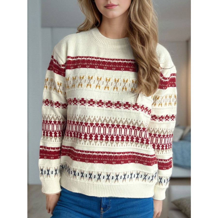 Geometric Round Neck Long Sleeve Sweater Apparel and Accessories