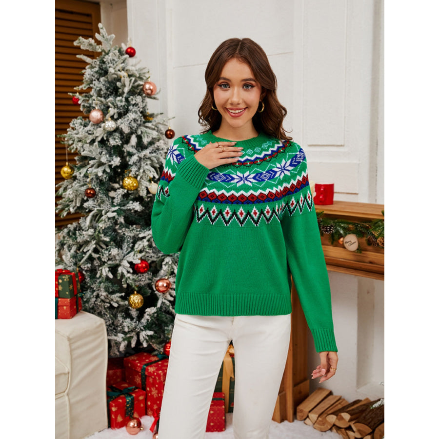 Geometric Round Neck Long Sleeve Sweater Apparel and Accessories