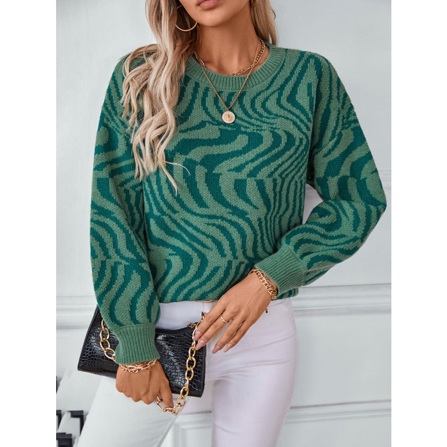 Geometric Round Neck Long Sleeve Sweater Dark Green / S Apparel and Accessories