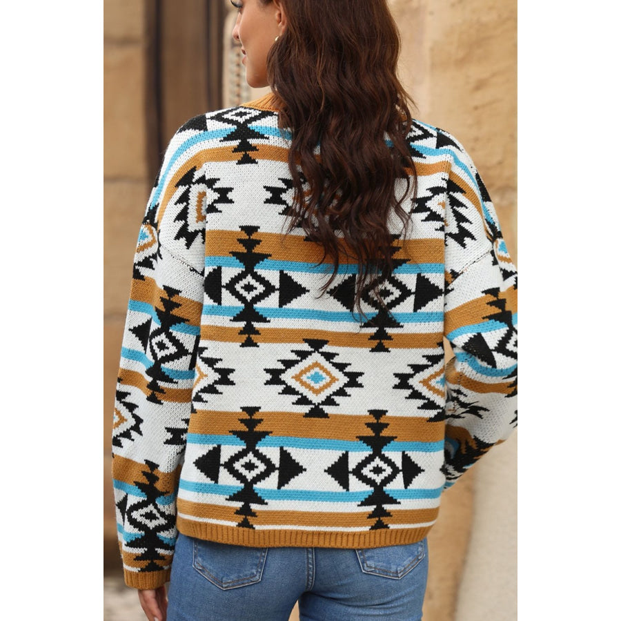 Geometric Round Neck Long Sleeve Sweater Apparel and Accessories