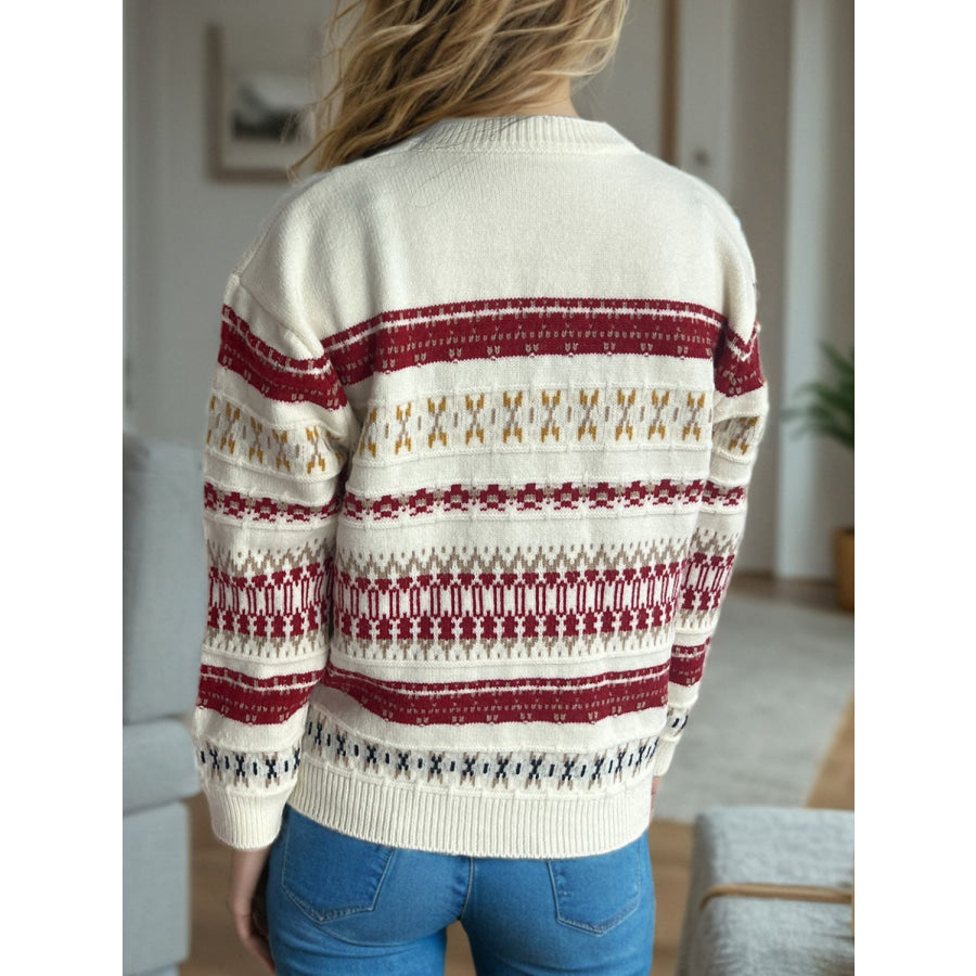 Geometric Round Neck Long Sleeve Sweater Apparel and Accessories