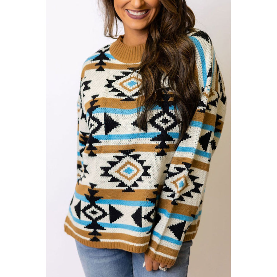 Geometric Round Neck Long Sleeve Sweater Apparel and Accessories