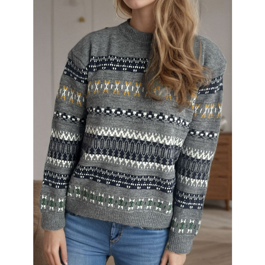 Geometric Round Neck Long Sleeve Sweater Apparel and Accessories