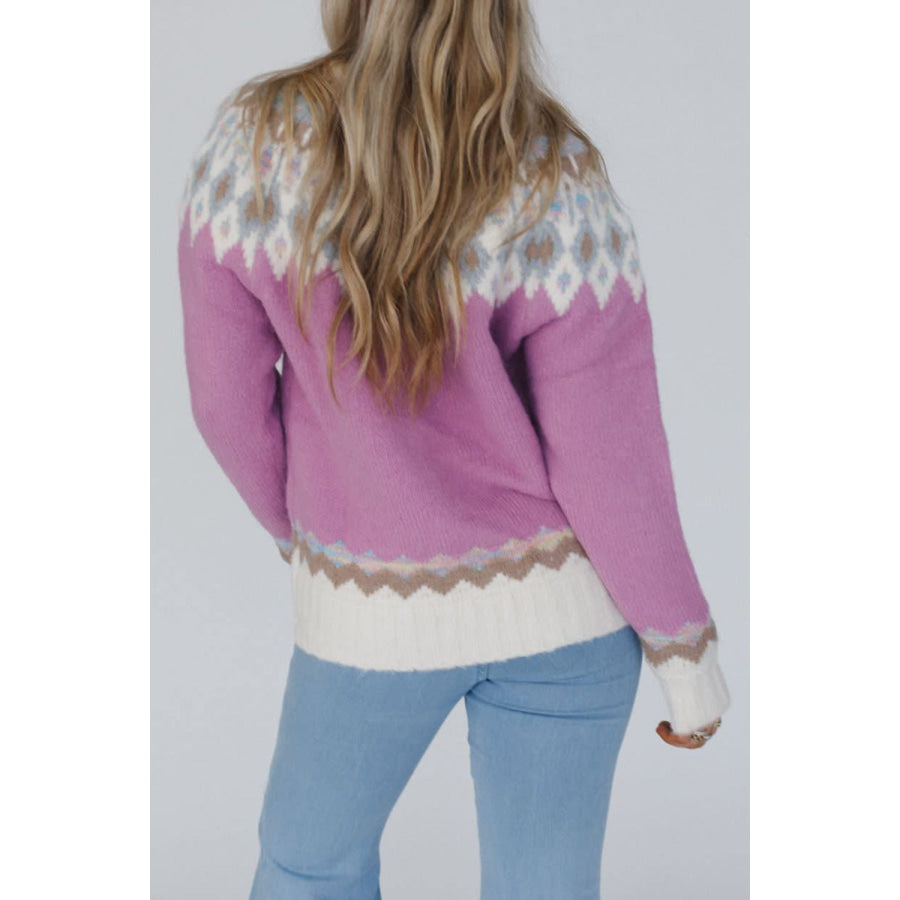 Geometric Round Neck Long Sleeve Sweater Apparel and Accessories