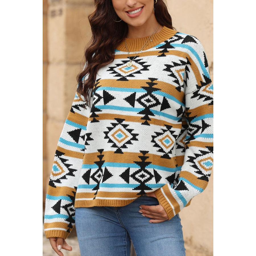 Geometric Round Neck Long Sleeve Sweater Camel / S Apparel and Accessories