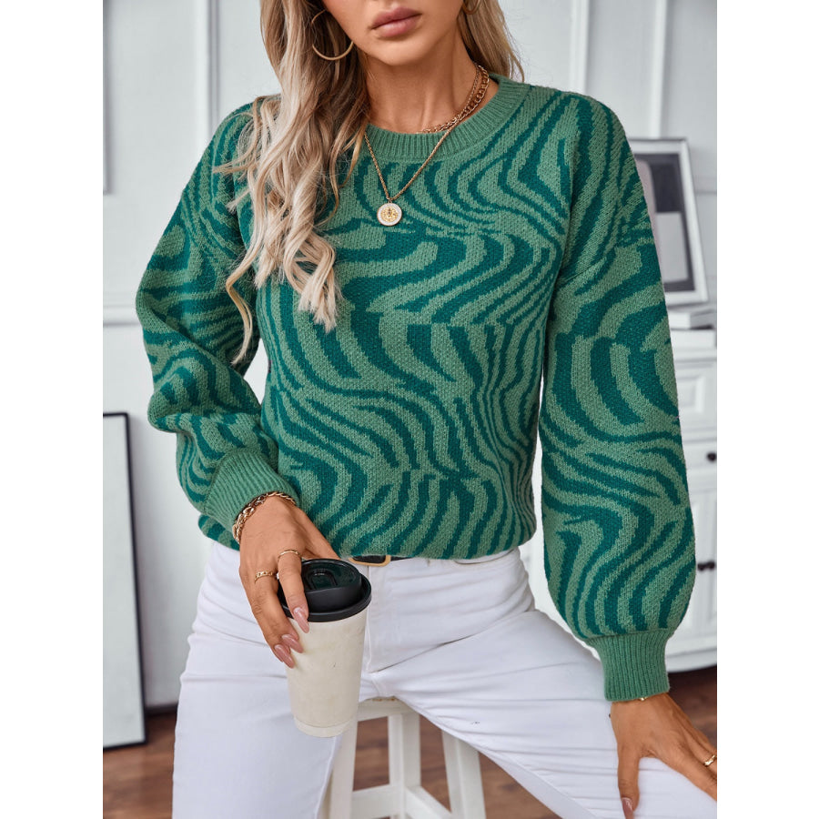 Geometric Round Neck Long Sleeve Sweater Apparel and Accessories