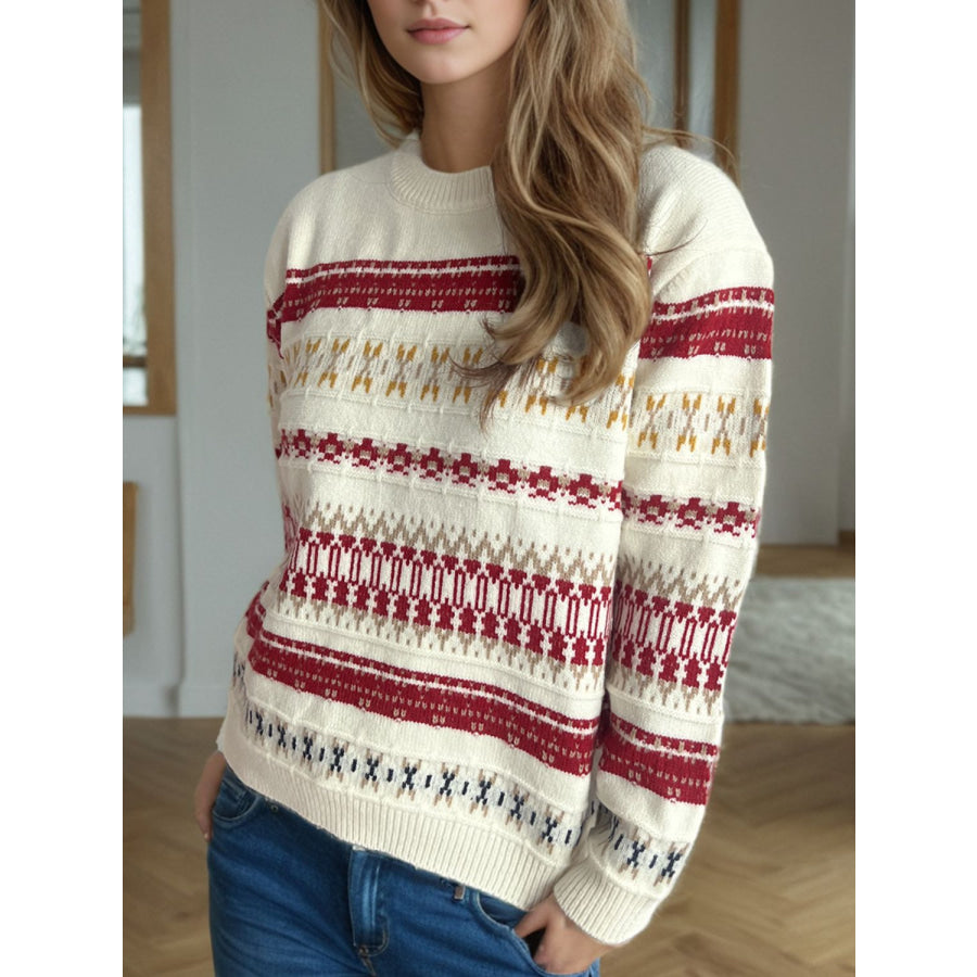 Geometric Round Neck Long Sleeve Sweater Apparel and Accessories