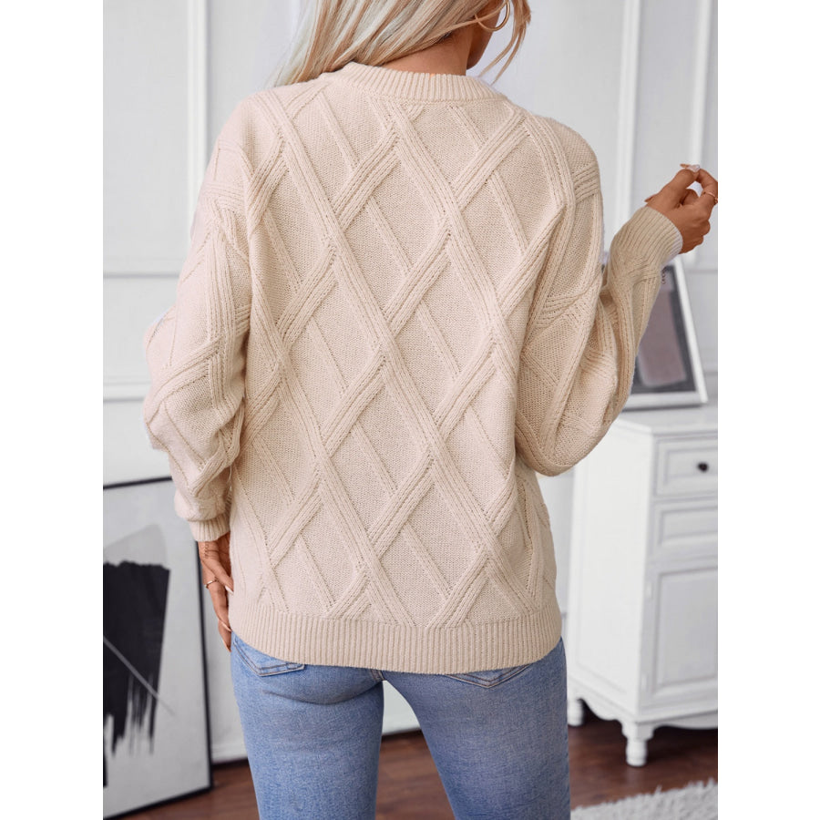 Geometric Round Neck Long Sleeve Sweater Khaki / S Apparel and Accessories