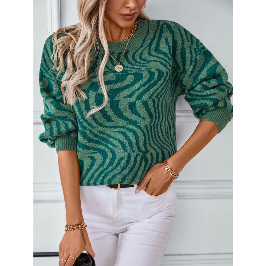 Geometric Round Neck Long Sleeve Sweater Apparel and Accessories