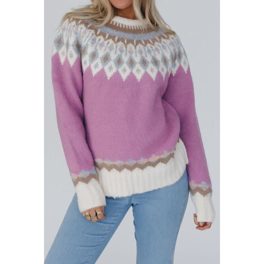 Geometric Round Neck Long Sleeve Sweater Pink Purple / S Apparel and Accessories