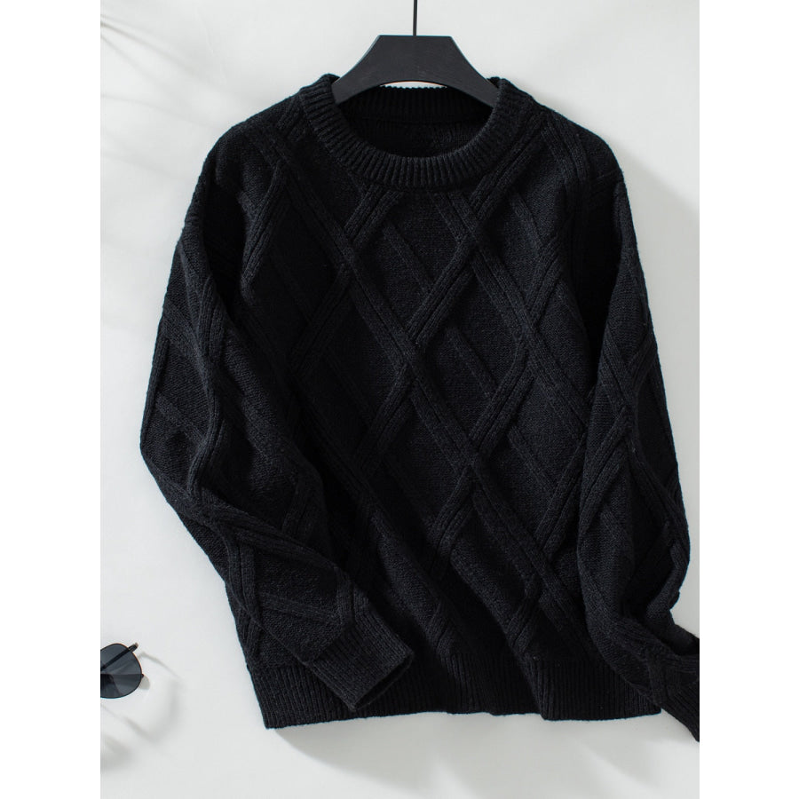 Geometric Round Neck Long Sleeve Sweater Black / S Apparel and Accessories