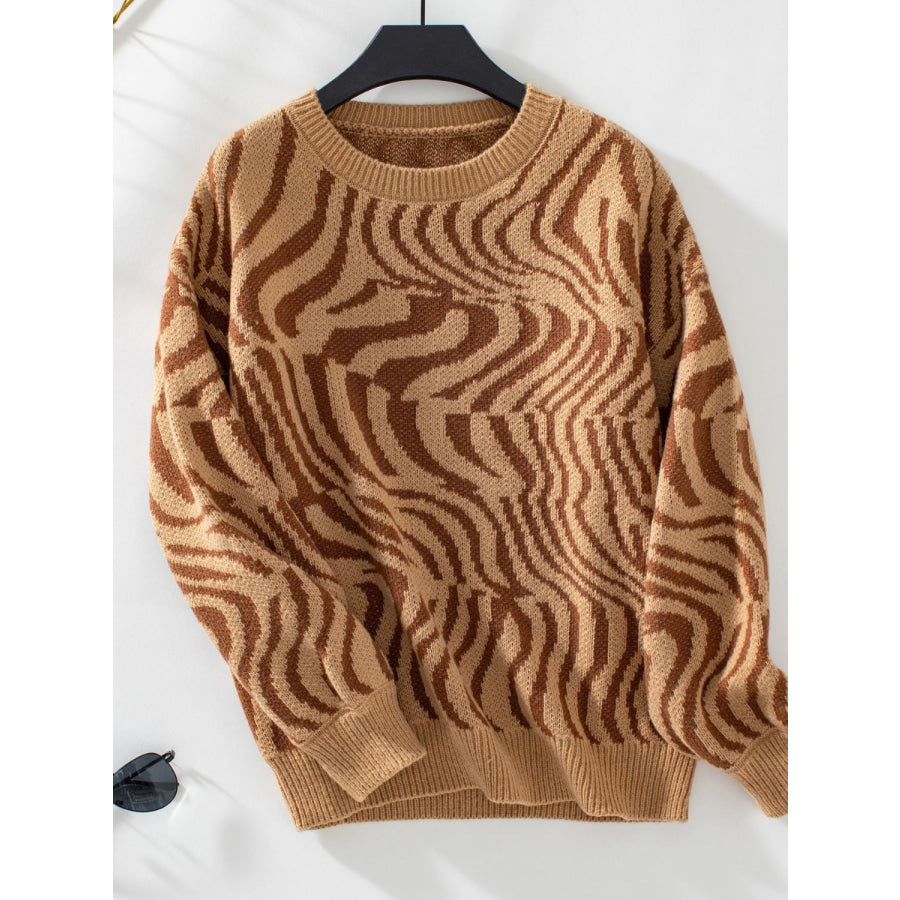 Geometric Round Neck Long Sleeve Sweater Camel / S Apparel and Accessories