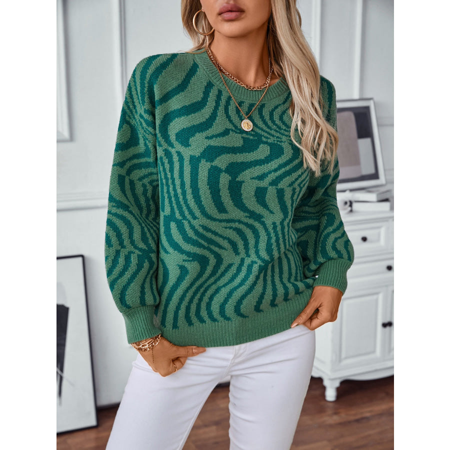 Geometric Round Neck Long Sleeve Sweater Dark Green / S Apparel and Accessories