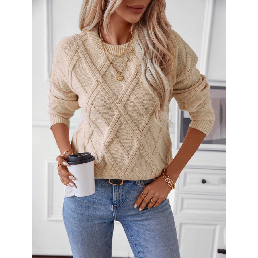 Geometric Round Neck Long Sleeve Sweater Khaki / S Apparel and Accessories