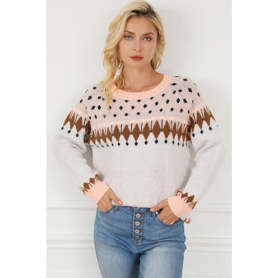 Geometric Round Neck Long Sleeve Sweater Multicolor / S