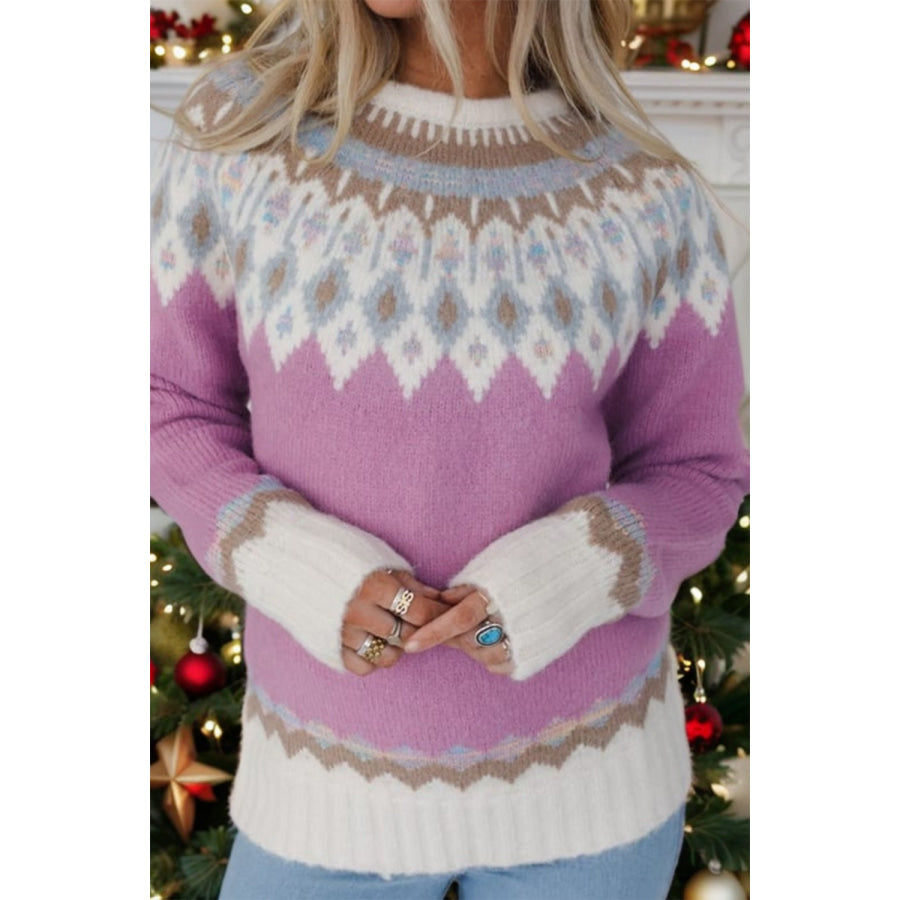 Geometric Round Neck Long Sleeve Sweater Pink Purple / S Apparel and Accessories