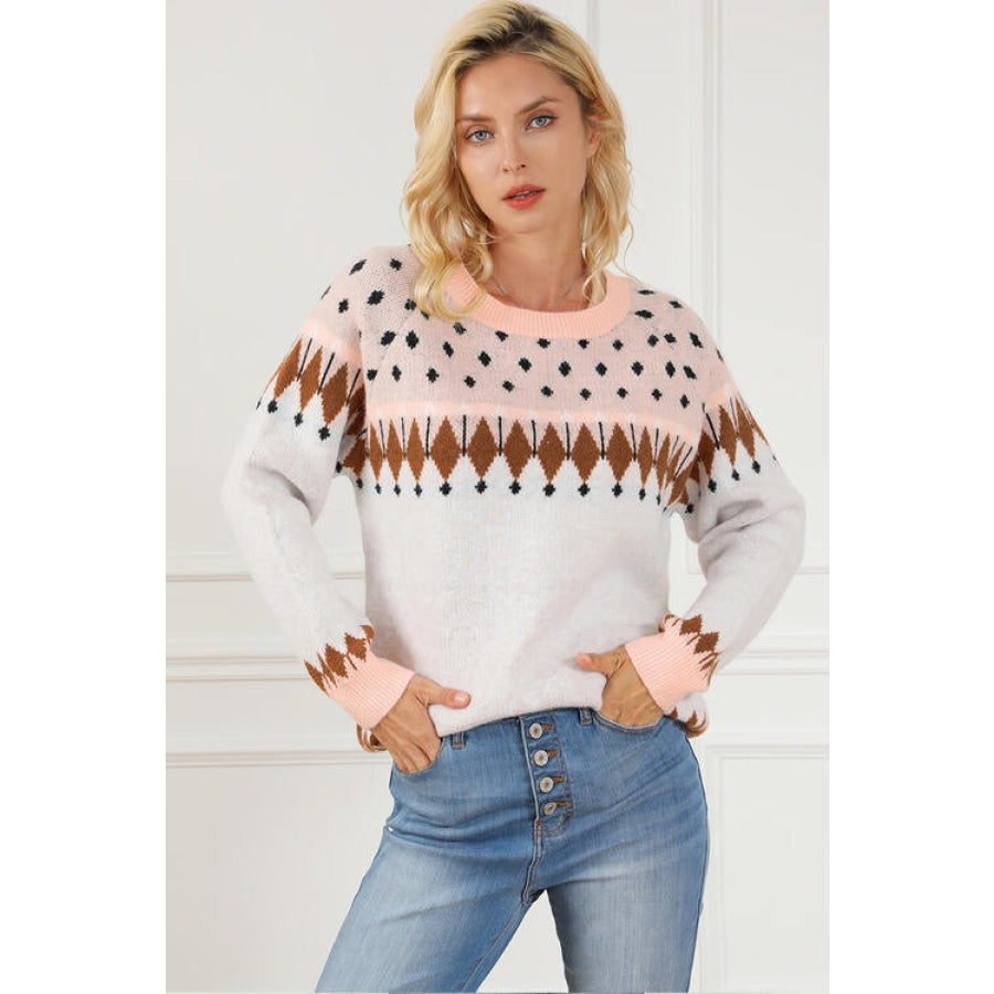 Geometric Round Neck Long Sleeve Sweater