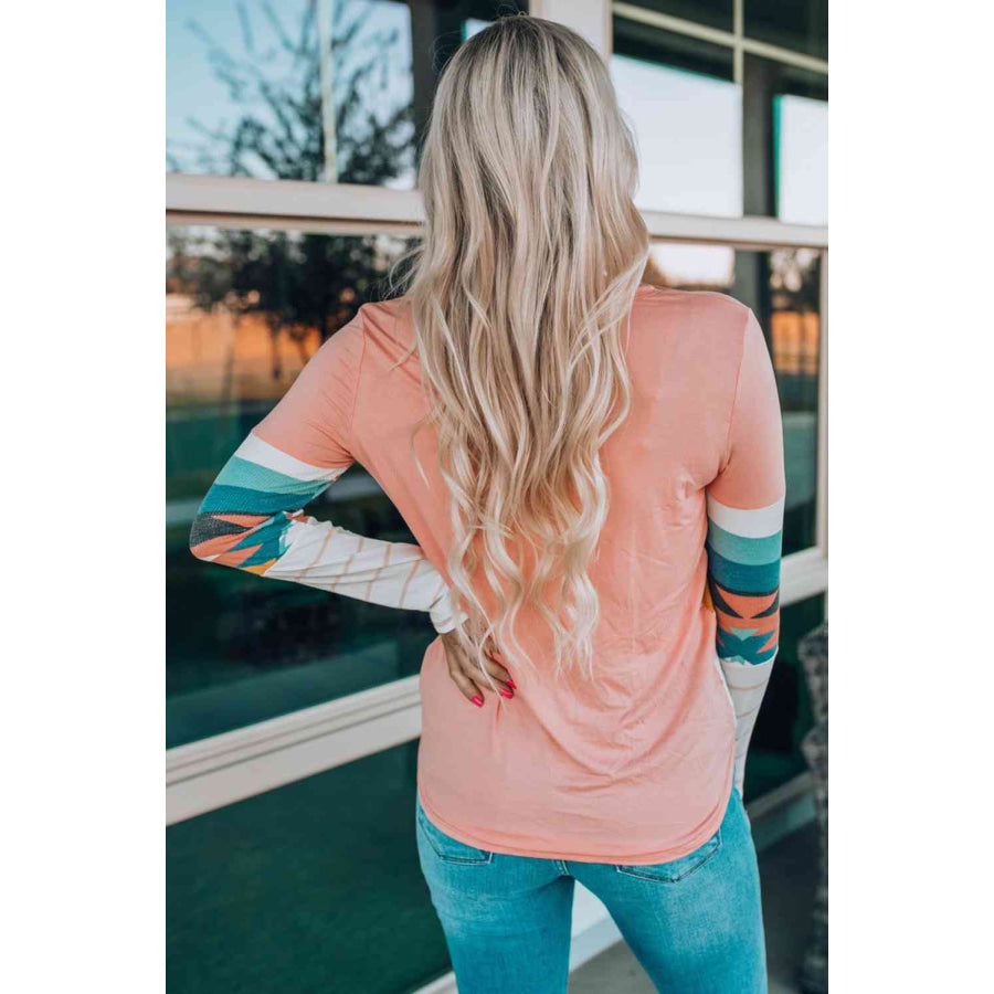 Geometric Round Neck Long Sleeve T - Shirt Pink / S Apparel and Accessories