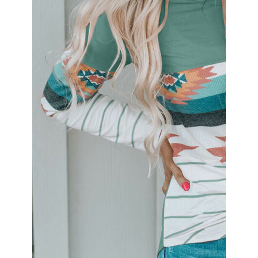 Geometric Round Neck Long Sleeve T - Shirt Apparel and Accessories