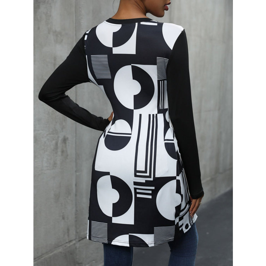 Geometric Round Neck Long Sleeve T-Shirt Black / M Apparel and Accessories