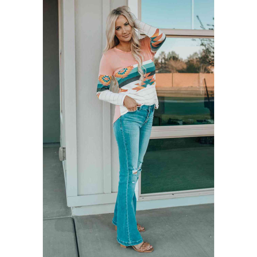 Geometric Round Neck Long Sleeve T - Shirt Apparel and Accessories