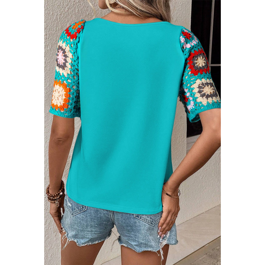 Geometric Round Neck Short Sleeve Blouse Apparel and Accessories