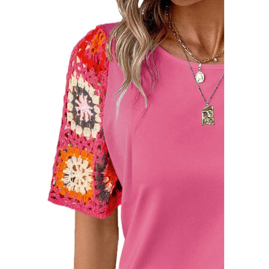 Geometric Round Neck Short Sleeve Blouse Apparel and Accessories