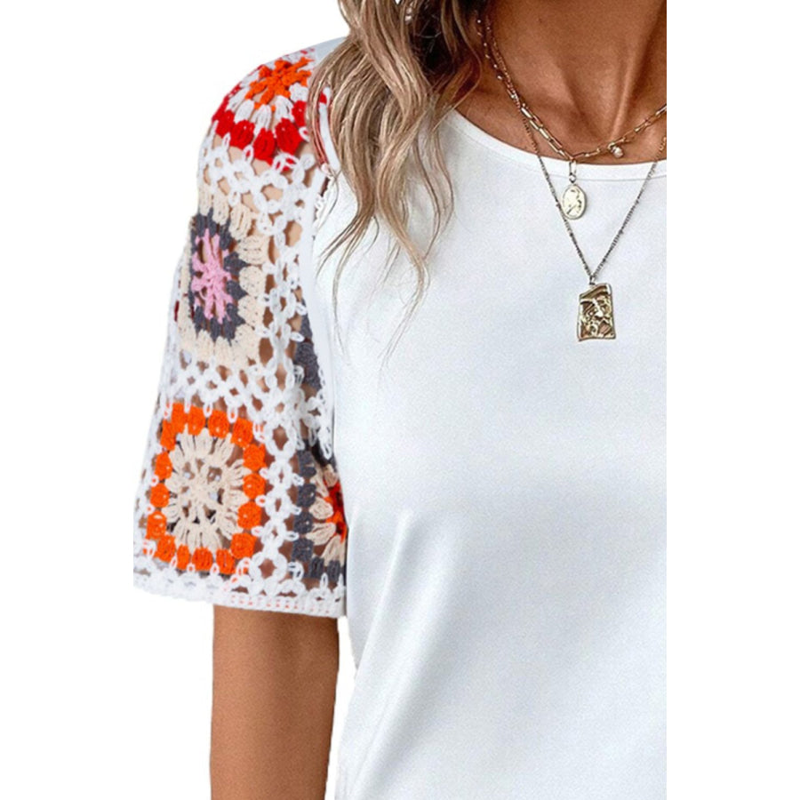 Geometric Round Neck Short Sleeve Blouse Apparel and Accessories