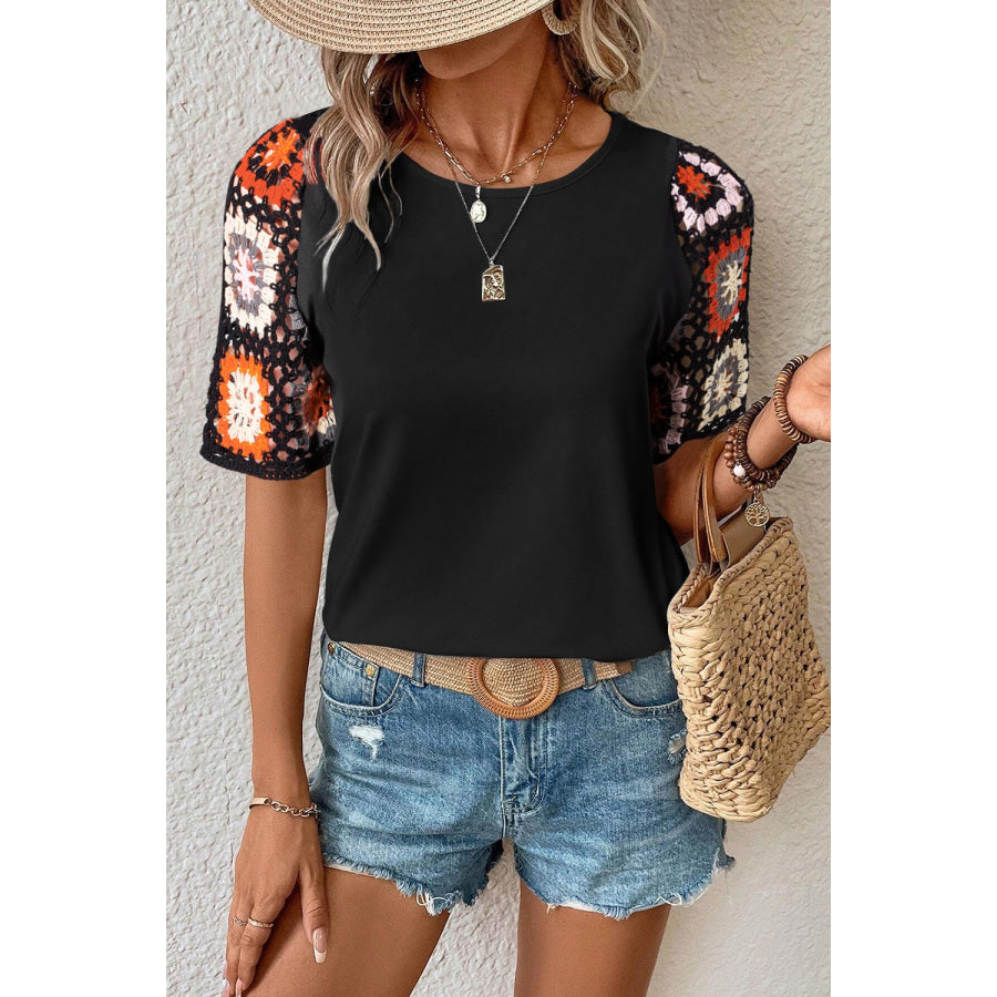 Geometric Round Neck Short Sleeve Blouse Black / S Apparel and Accessories