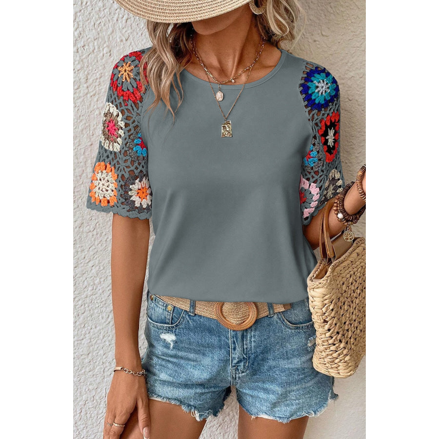 Geometric Round Neck Short Sleeve Blouse Dark Gray / S Apparel and Accessories