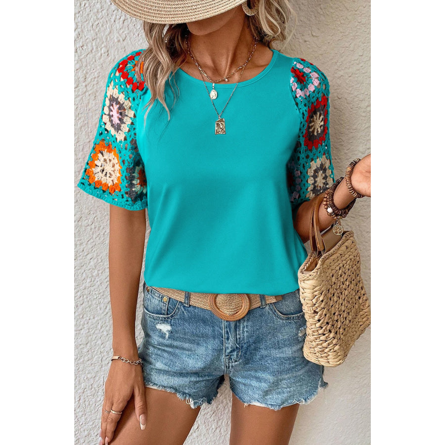 Geometric Round Neck Short Sleeve Blouse Turquoise / S Apparel and Accessories