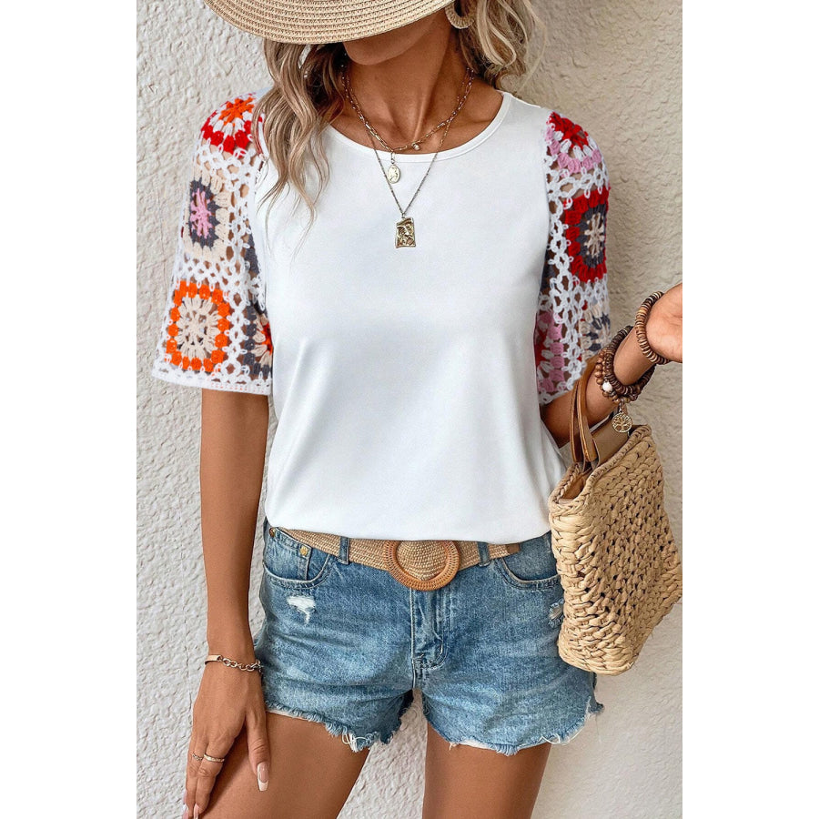 Geometric Round Neck Short Sleeve Blouse White / S Apparel and Accessories