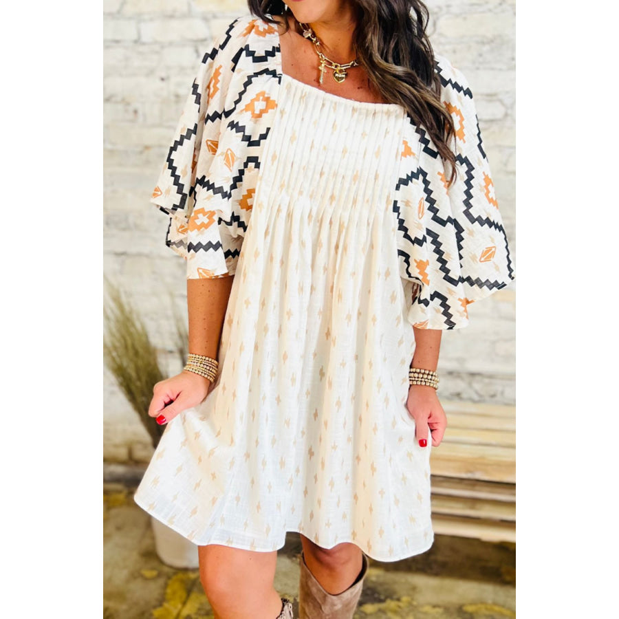 Geometric Square Neck Half Sleeve Mini Dress Cream / (US 4-6)S Apparel and Accessories